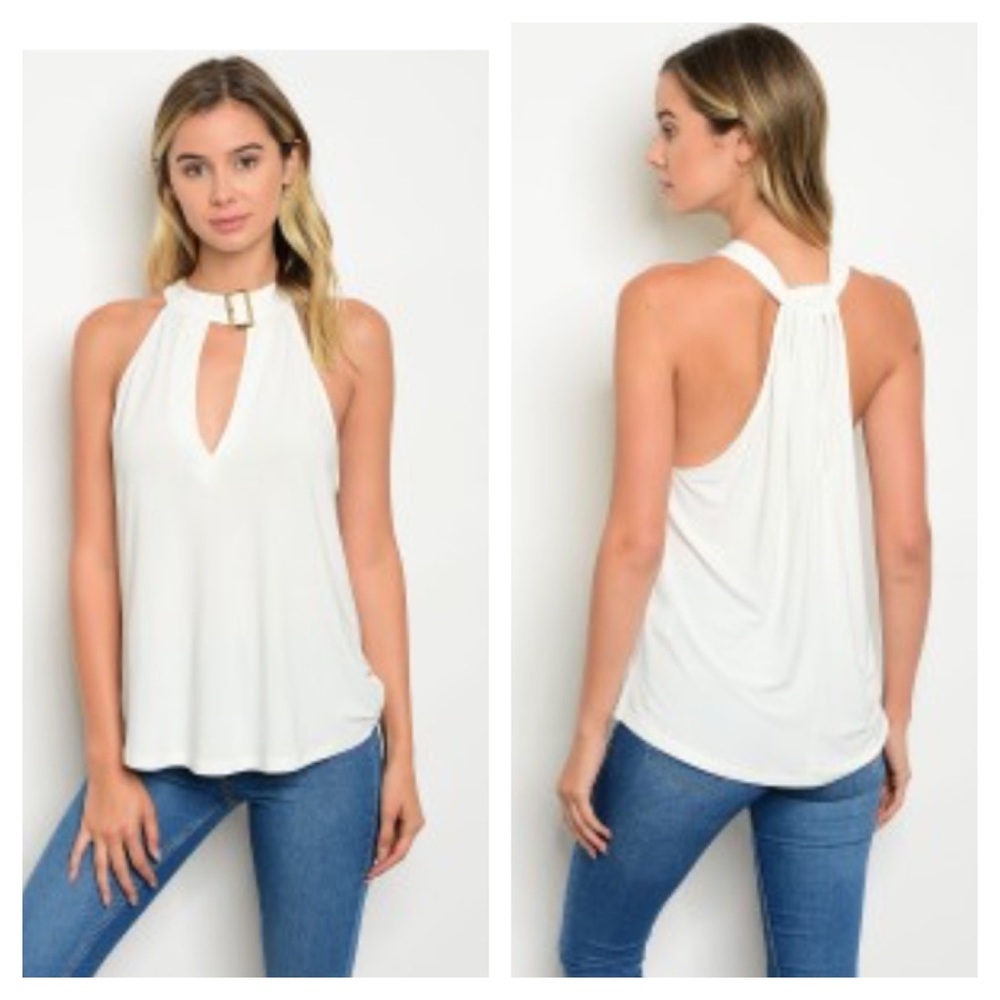 SEASONLESS WHITE BUCKLE CHOKER NECK TOP-NEW-S-M-L